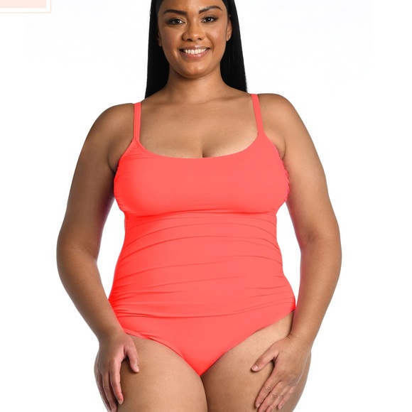 La Blanca Hot Coral Island Goddess Rouched One Piece Swimsuit - Picture 4 of 10